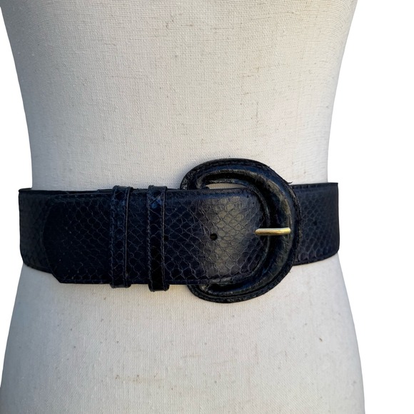 Saks Fifth Avenue Accessories - Saks Fifth Avenue Navy Blue Genuine Snakeskin Wide Waist Belt Size M Vintage